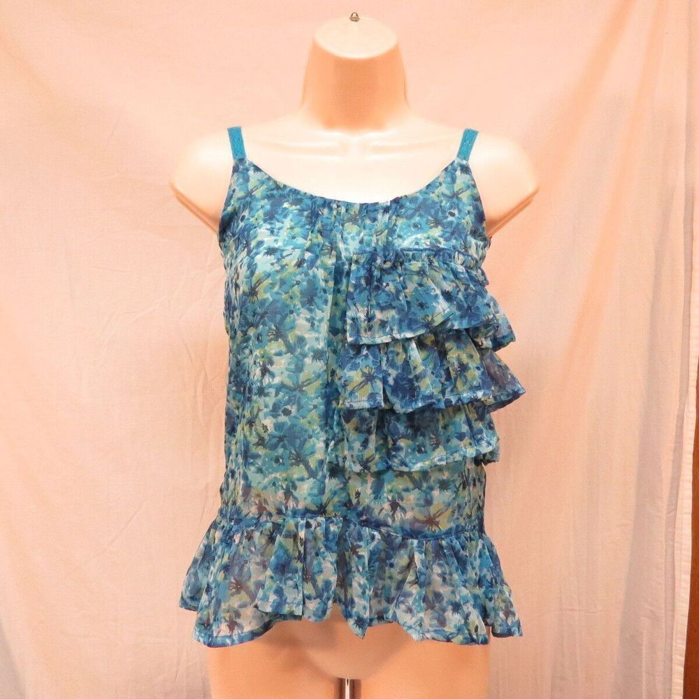 RU Ristol Wildflower Blouse Blue Floral Ruffle Spaghetti‎ Strap Tank Top  XS 2/3